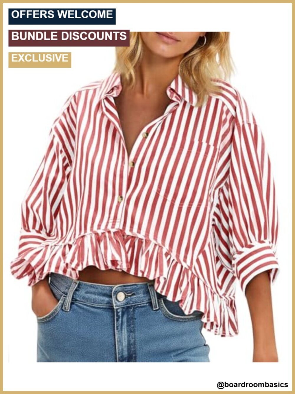 Cropped Striped Button Down Shirt with Ruffle Hem and 3/4 Sleeve